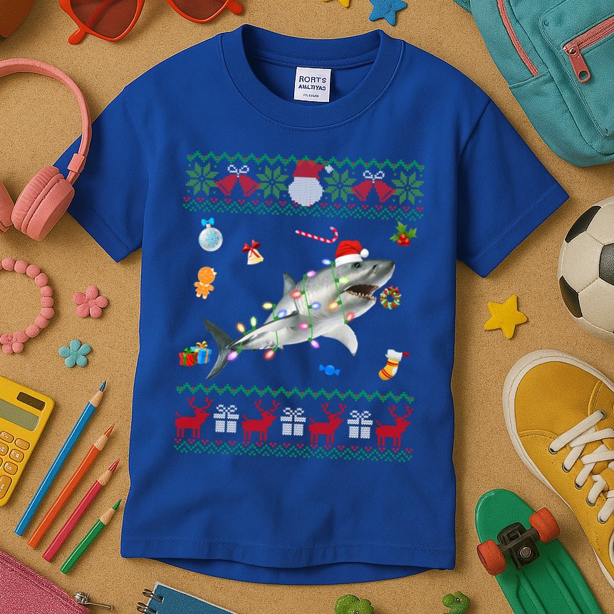 Funny Ugly Xmas Sweater Animals Lights Christmas Shark Meaningful Gift Kids T-Shirt