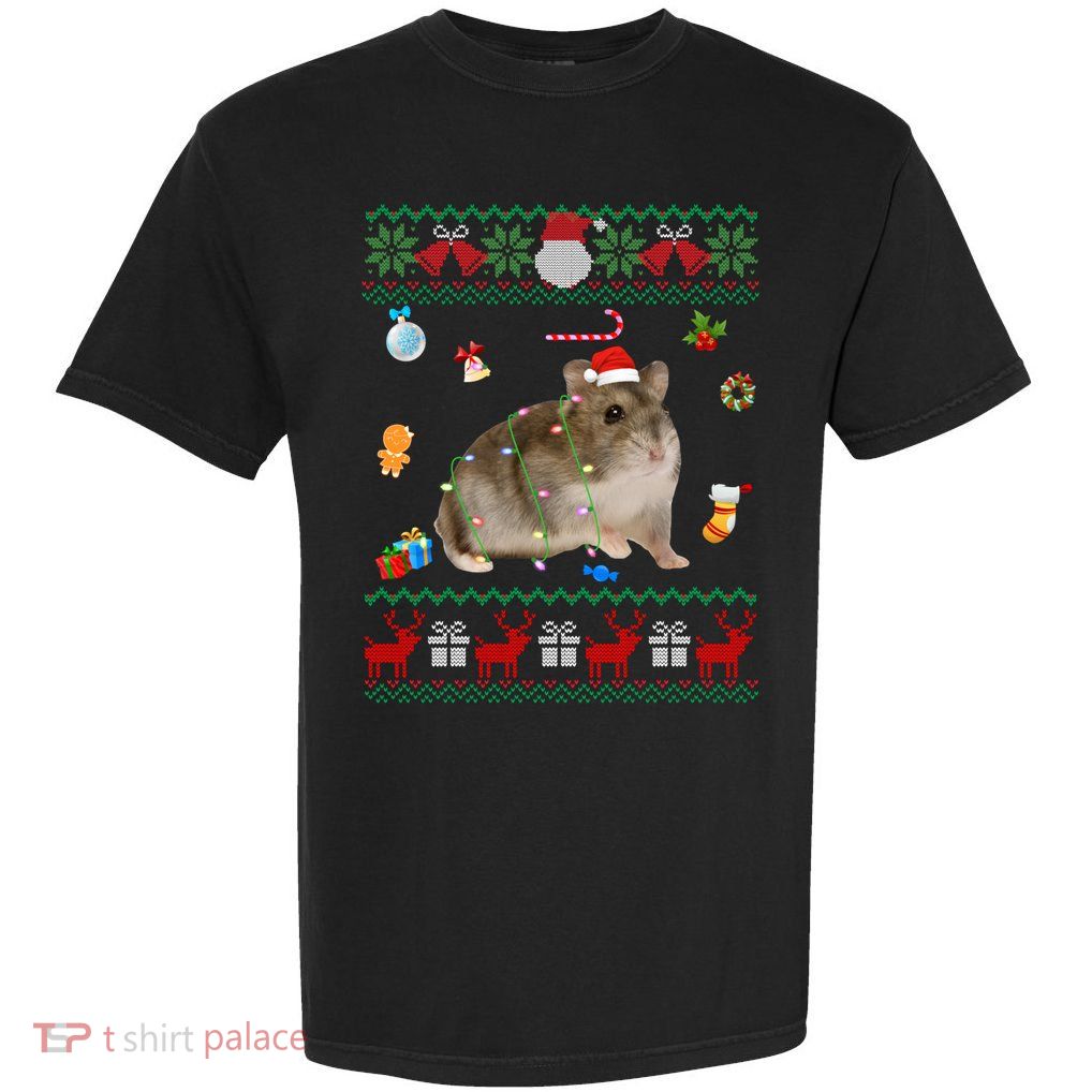 Funny Ugly Xmas Sweater Animals Lights Christmas Hamster Great Gift Garment-Dyed Heavyweight T-Shirt