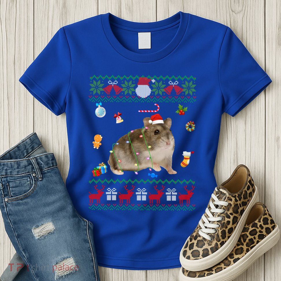 Funny Ugly Xmas Sweater Animals Lights Christmas Hamster Great Gift Womens T-Shirt