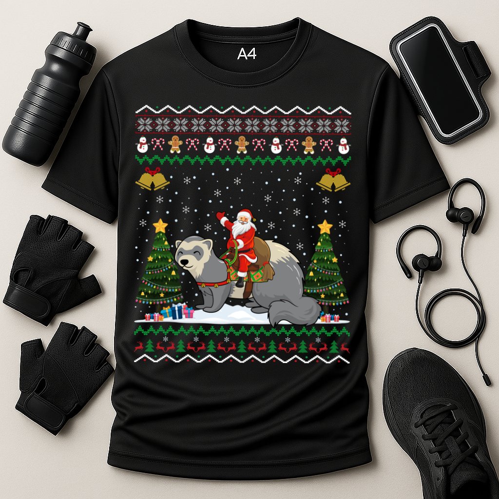 Ferret Ugly Xmas Gift Santa Riding Ferret Christmas Gift Cooling Performance Crew T-Shirt