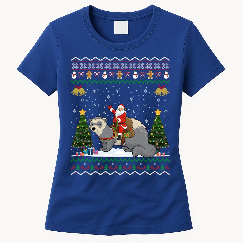 Ferret Ugly Xmas Gift Santa Riding Ferret Christmas Gift Womens T-Shirt