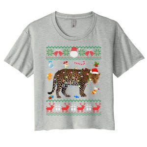 Funny Ugly Xmas Sweater Animals Lights Christmas Leopard Gift Women's Crop Top Tee