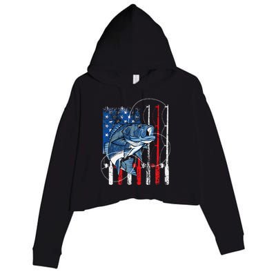 Fishing Vintage American Flag Bass Fisherman Gifts Crop Fleece Hoodie