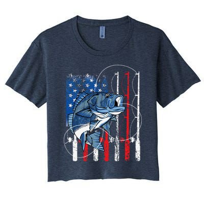 Fishing Vintage American Flag Bass Fisherman Gifts Women's Crop Top Tee