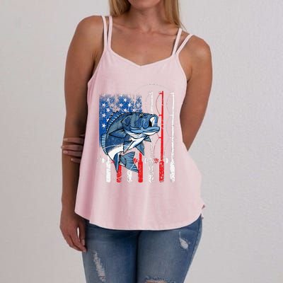 Fishing Vintage American Flag Bass Fisherman Gifts Women's Strappy Tank