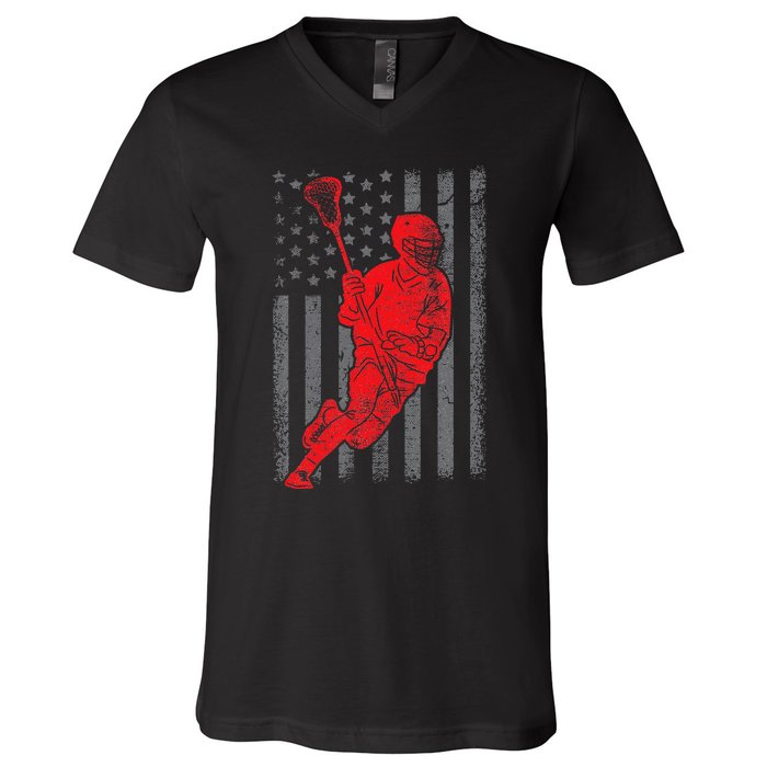 Funny Vintage American Flag Lacrosse USA Sport V-Neck T-Shirt