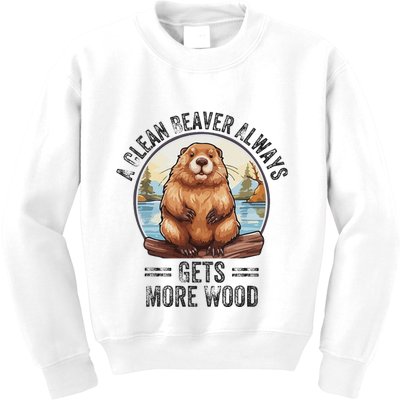 Funny Vintage A Clean Beaver Always Gets More Wood Kids Sweatshirt