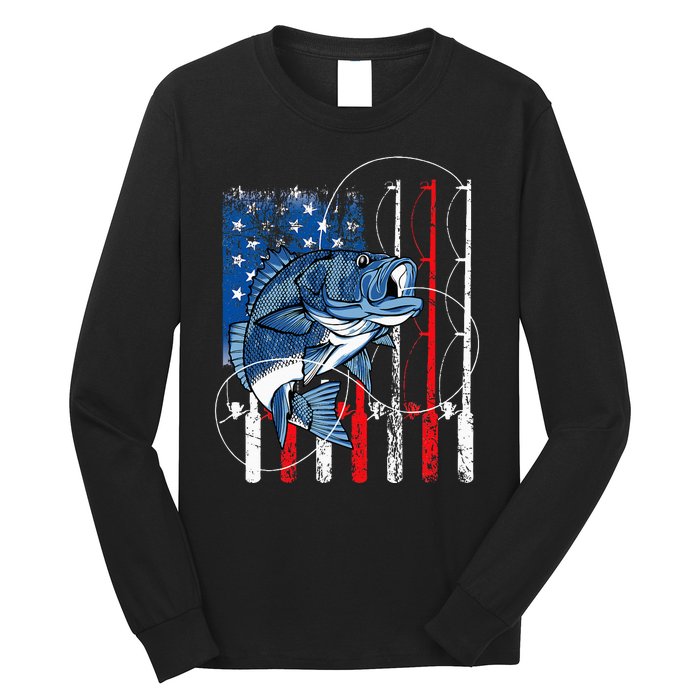 Fishing Vintage American Flag Bass Fisherman Gifts Long Sleeve Shirt