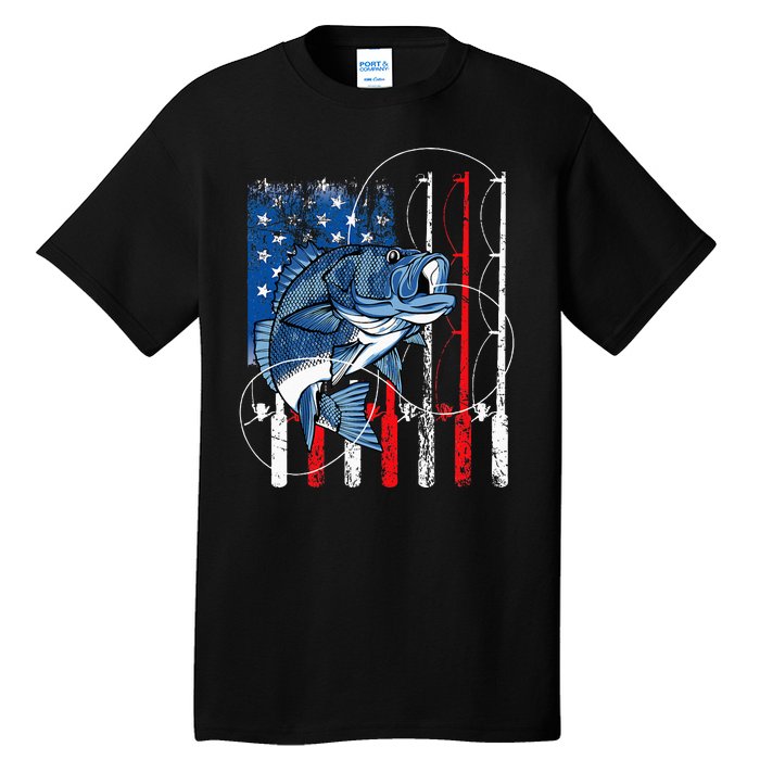 Fishing Vintage American Flag Bass Fisherman Gifts Tall T-Shirt