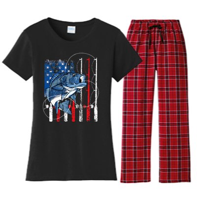 Fishing Vintage American Flag Bass Fisherman Gifts Women's Flannel Pajama Set