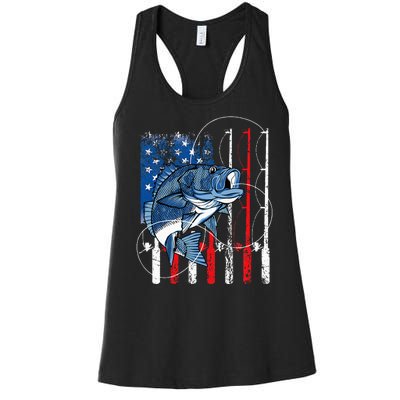 Fishing Vintage American Flag Bass Fisherman Gifts Women's Racerback Tank