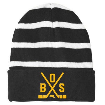 Funny Vintage Boston Hockey Sticks State Outline Striped Beanie with Solid Band