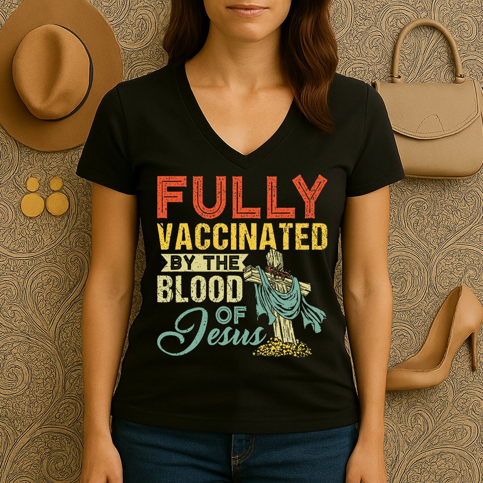 Fully Vaccinated By The Blood Of Jesus Funny Christian Women's V-Neck T-Shirt