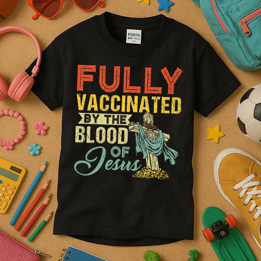 Fully Vaccinated By The Blood Of Jesus Funny Christian Kids T-Shirt