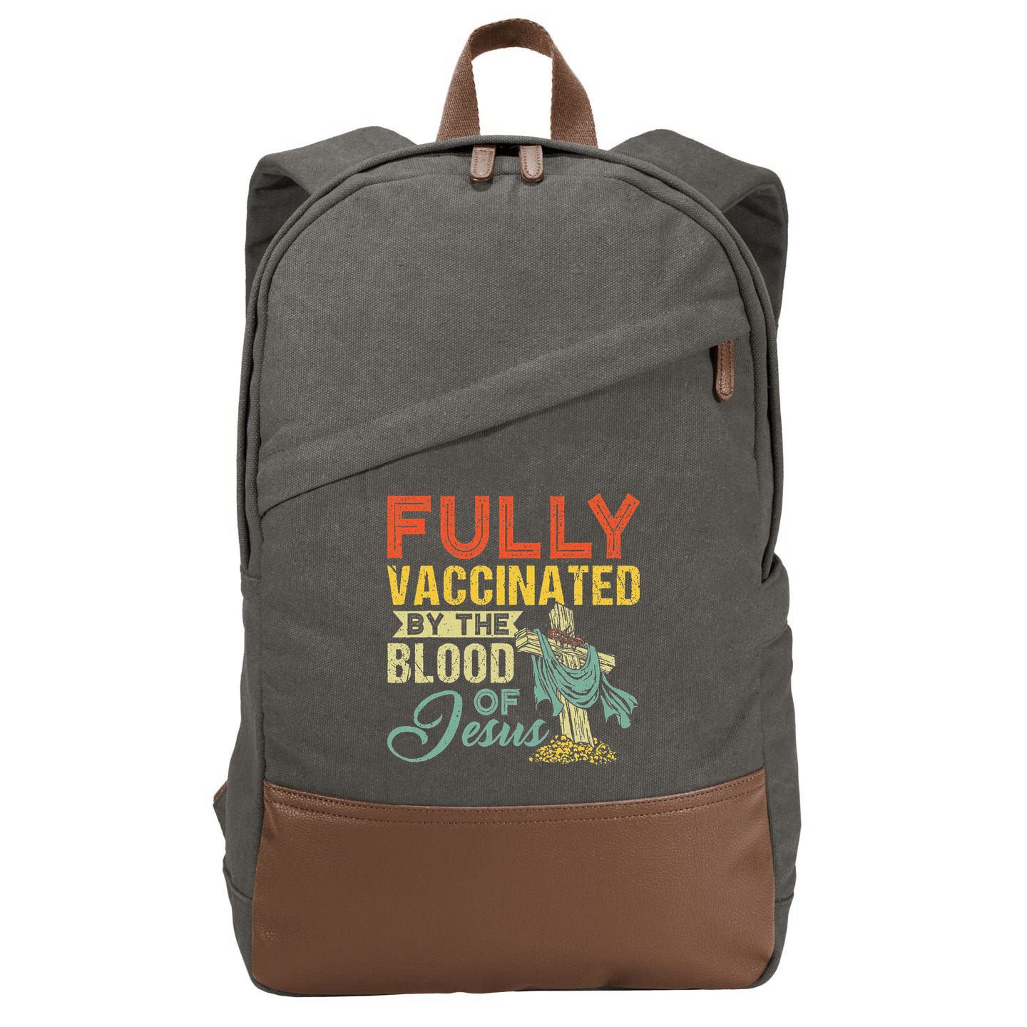 Fully Vaccinated By The Blood Of Jesus Funny Christian Cotton Canvas Backpack