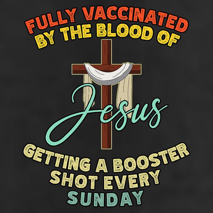 Fully Vaccinated By The Blood Of Jesus Getting A Booster Shot Every Sunday 7 Panel Mesh Trucker Snapback Hat