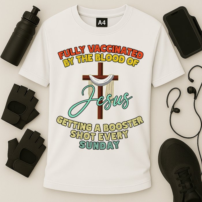 Fully Vaccinated By The Blood Of Jesus Getting A Booster Shot Every Sunday Performance Shirt