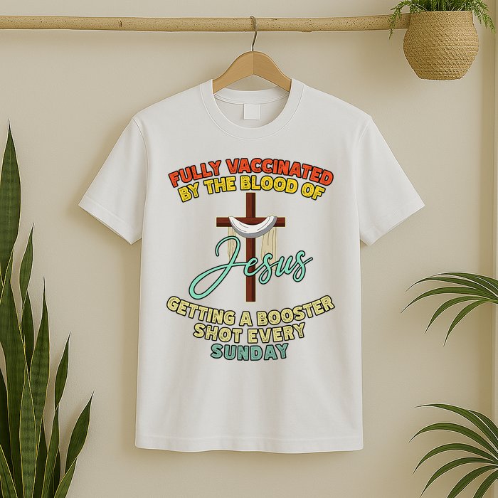 Fully Vaccinated By The Blood Of Jesus Getting A Booster Shot Every Sunday T-Shirt