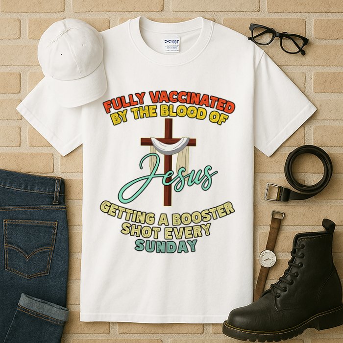 Fully Vaccinated By The Blood Of Jesus Getting A Booster Shot Every Sunday Tall T-Shirt
