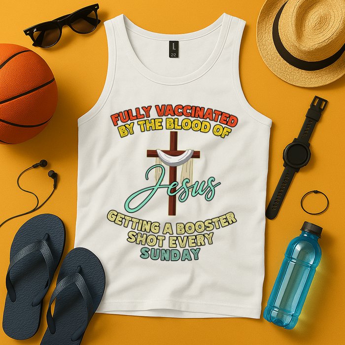 Fully Vaccinated By The Blood Of Jesus Getting A Booster Shot Every Sunday Tank Top