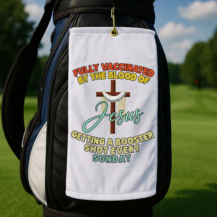 Fully Vaccinated By The Blood Of Jesus Getting A Booster Shot Every Sunday Golf Towel