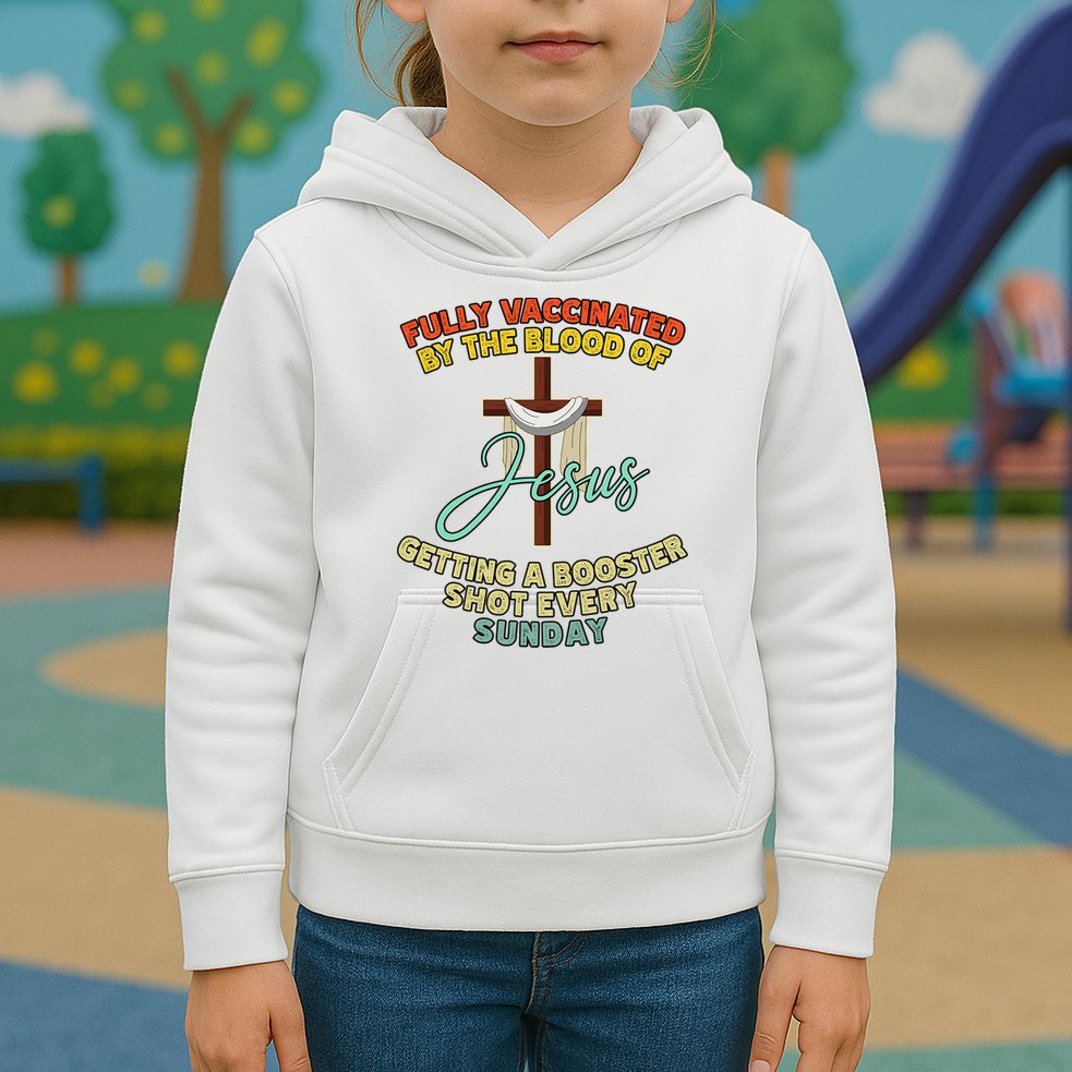 Fully Vaccinated By The Blood Of Jesus Getting A Booster Shot Every Sunday Kids Hoodie