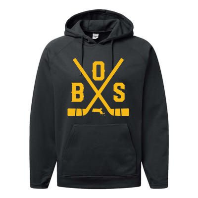 Funny Vintage Boston Hockey Sticks State Outline Performance Fleece Hoodie