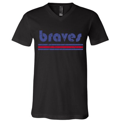 Funny Vintage Braves Retro Three Stripe Weathered V-Neck T-Shirt