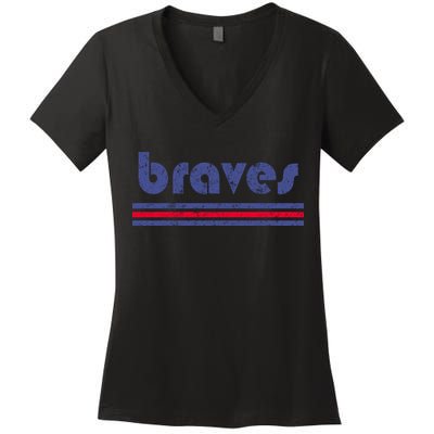Funny Vintage Braves Retro Three Stripe Weathered Women's V-Neck T-Shirt