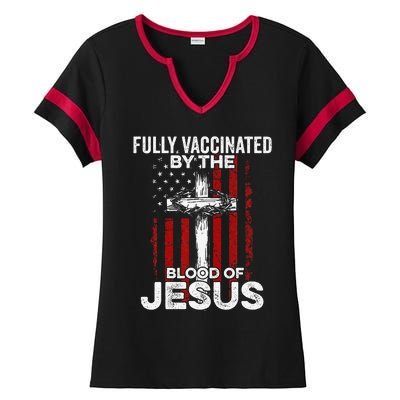 Fully Vaccinated By The Blood Of Jesus Christian USA Flag Ladies Halftime Notch Neck Tee