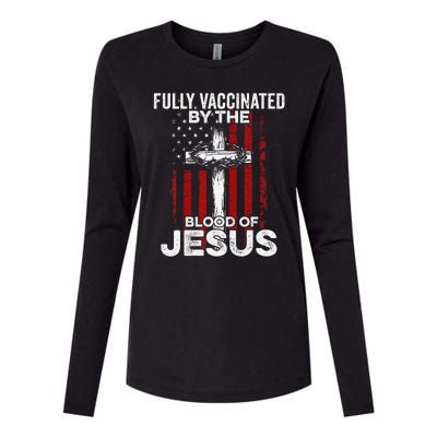 Fully Vaccinated By The Blood Of Jesus Christian USA Flag Womens Cotton Relaxed Long Sleeve T-Shirt