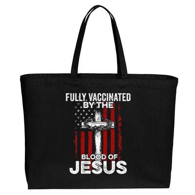 Fully Vaccinated By The Blood Of Jesus Christian USA Flag Cotton Canvas Jumbo Tote