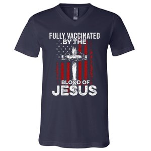 Fully Vaccinated By The Blood Of Jesus Christian USA Flag V-Neck T-Shirt