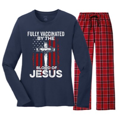 Fully Vaccinated By The Blood Of Jesus Christian USA Flag Women's Long Sleeve Flannel Pajama Set 