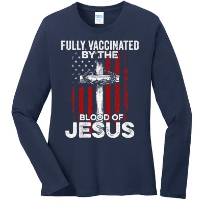 Fully Vaccinated By The Blood Of Jesus Christian USA Flag Ladies Long Sleeve Shirt