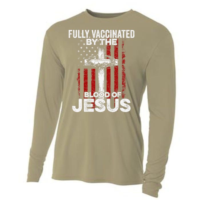 Fully Vaccinated By The Blood Of Jesus Christian USA Flag Cooling Performance Long Sleeve Crew