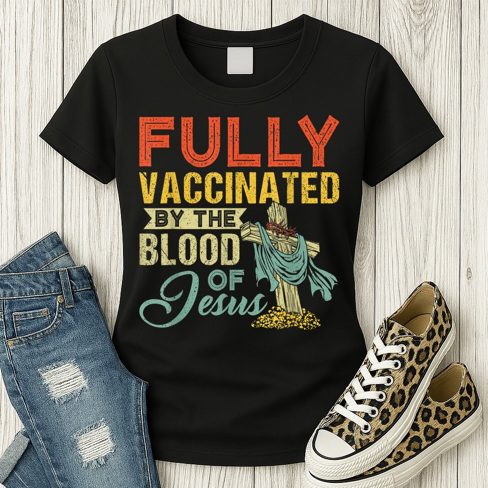 Fully Vaccinated By The Blood Of Jesus Funny Christian Womens T-Shirt