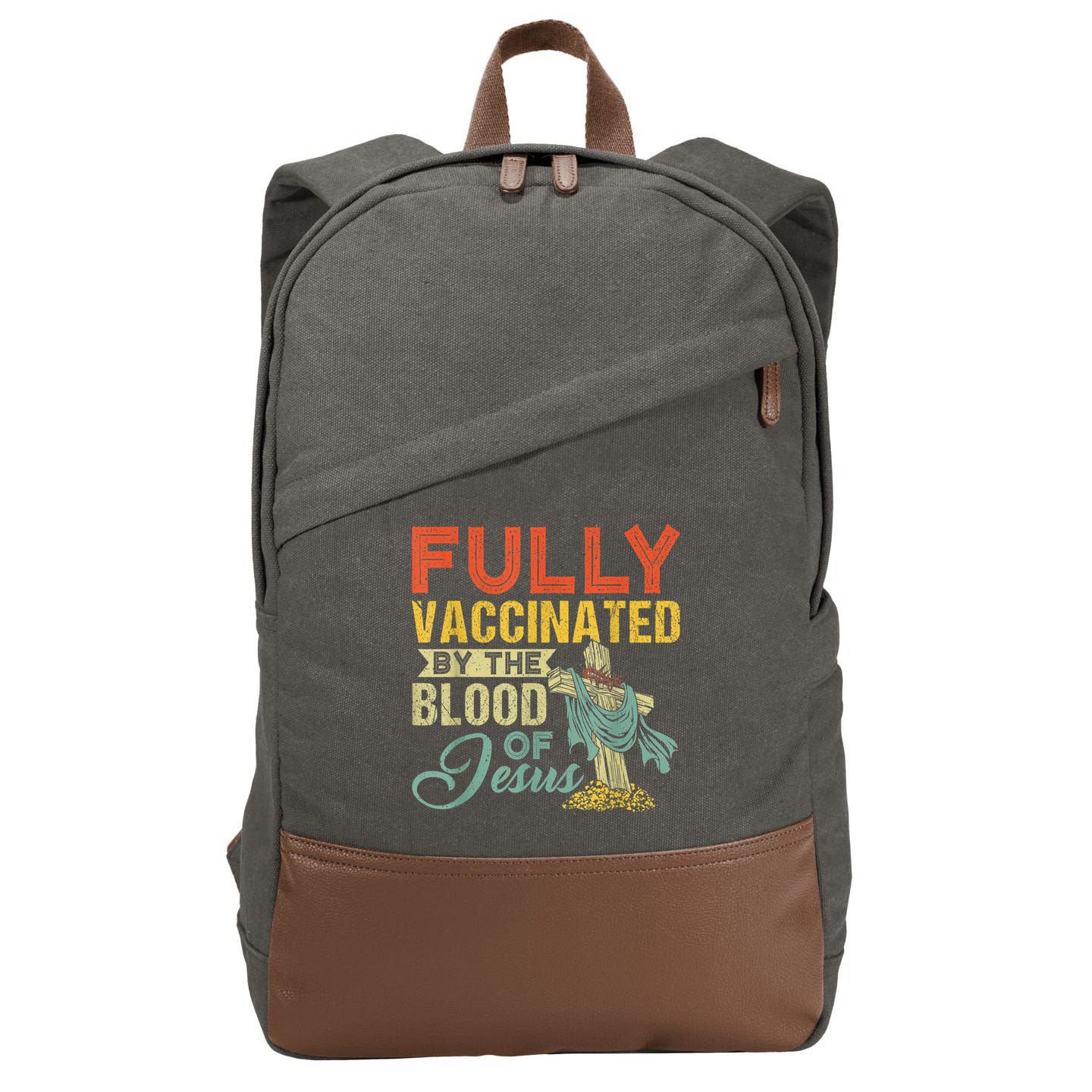 Fully Vaccinated By The Blood Of Jesus Funny Christian Cotton Canvas Backpack