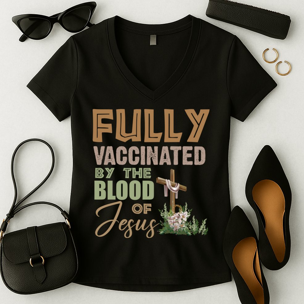 Fully Vaccinated By The Blood Of Jesus Women's V-Neck T-Shirt