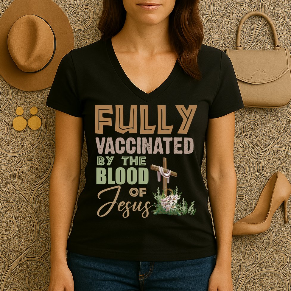 Fully Vaccinated By The Blood Of Jesus Women's V-Neck T-Shirt