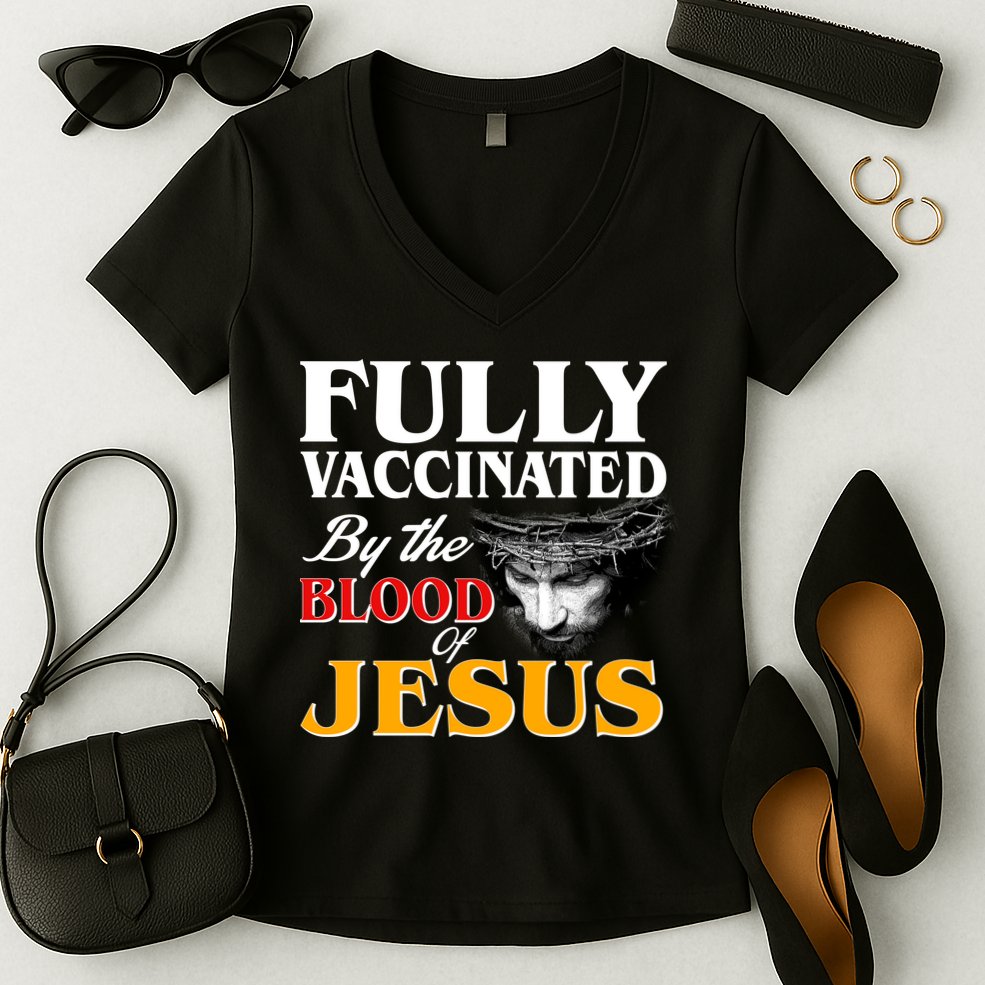Fully Vaccinated By The Blood Of Jesus Women's V-Neck T-Shirt