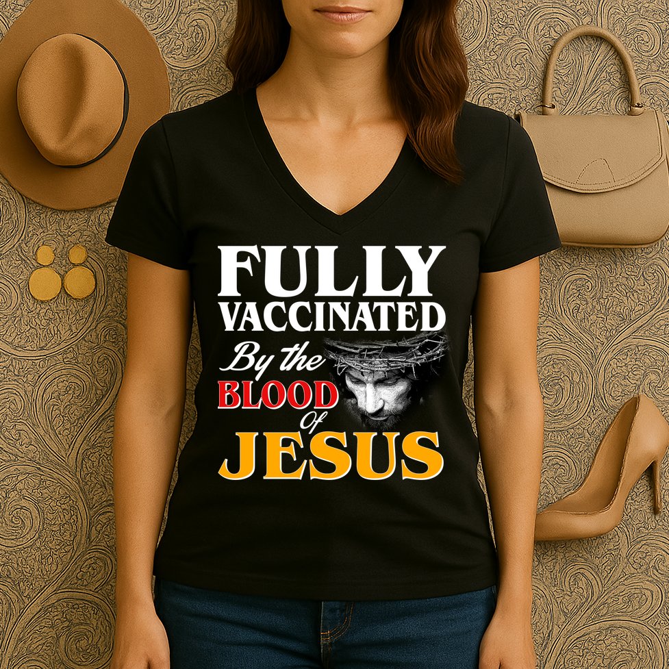 Fully Vaccinated By The Blood Of Jesus Women's V-Neck T-Shirt