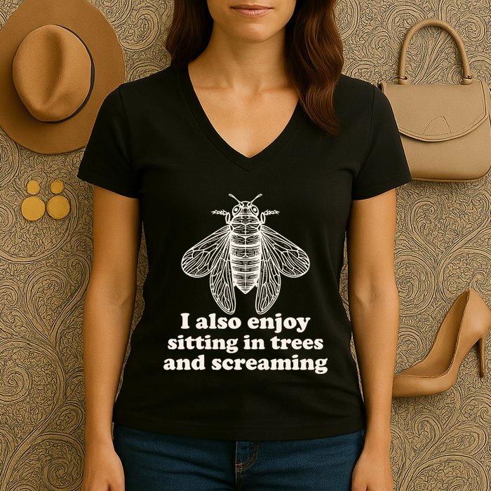 Funny Vintage Cicada I Also Enjoy Sitting In Trees And Screaming Women's V-Neck T-Shirt