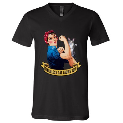 Funny Vintage Childless Cat Ladies Vote Rosie The Riveter V-Neck T-Shirt