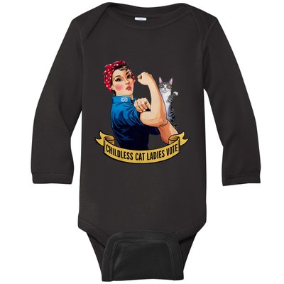 Funny Vintage Childless Cat Ladies Vote Rosie The Riveter Baby Long Sleeve Bodysuit