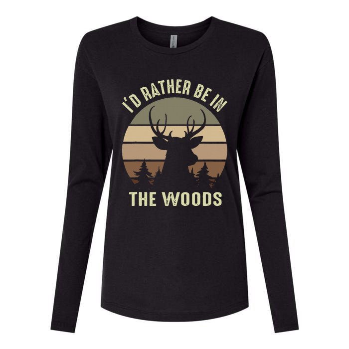 Funny Vintage Camper ID Rather Be In The Woods Deer Hunting Womens Cotton Relaxed Long Sleeve T-Shirt