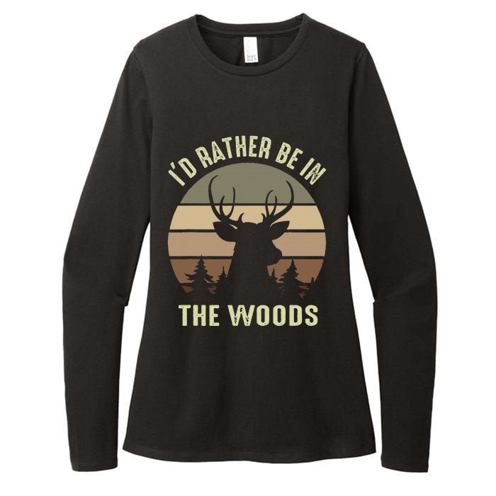 Funny Vintage Camper ID Rather Be In The Woods Deer Hunting Womens CVC Long Sleeve Shirt