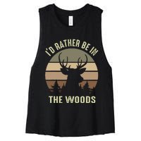 Funny Vintage Camper ID Rather Be In The Woods Deer Hunting Women's Racerback Cropped Tank