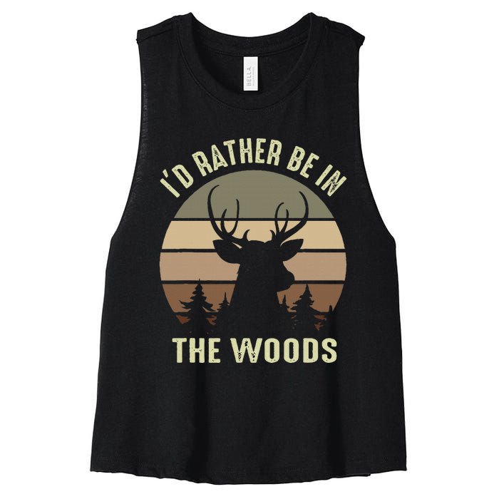 Funny Vintage Camper ID Rather Be In The Woods Deer Hunting Women's Racerback Cropped Tank