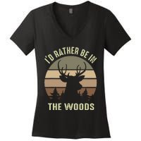 Funny Vintage Camper ID Rather Be In The Woods Deer Hunting Women's V-Neck T-Shirt